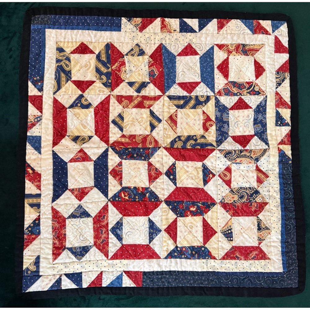 Handmade Patchwork Mini Quilt Red Blue Cream Wall Hanging Table Topper 24.5"